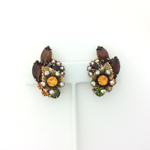 Juliana Rhinestone Brooch & Earrings, Floral Leaf Design, Fall Colors, Vintage - Picture 13 of 13